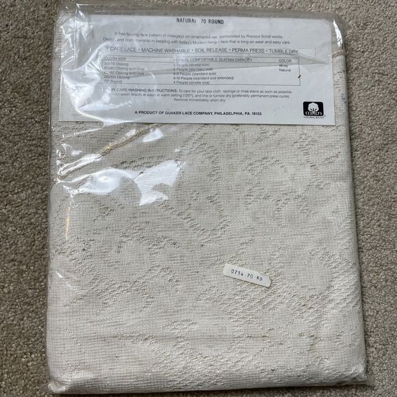 VTG NIP Quaker Mayfair 70” ROUND Lace Tablecloth Natural Ivory Made In USA‎ - Picture 2 of 6